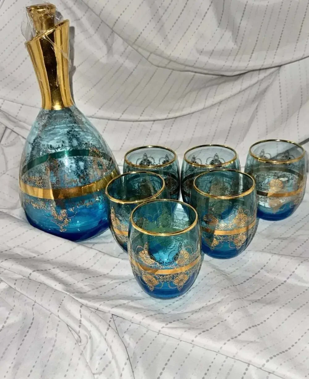 Vtg Vecchia Murano Italian Blue& 22K Gold BlownGlass Wine Decanter Set/6 Glasses